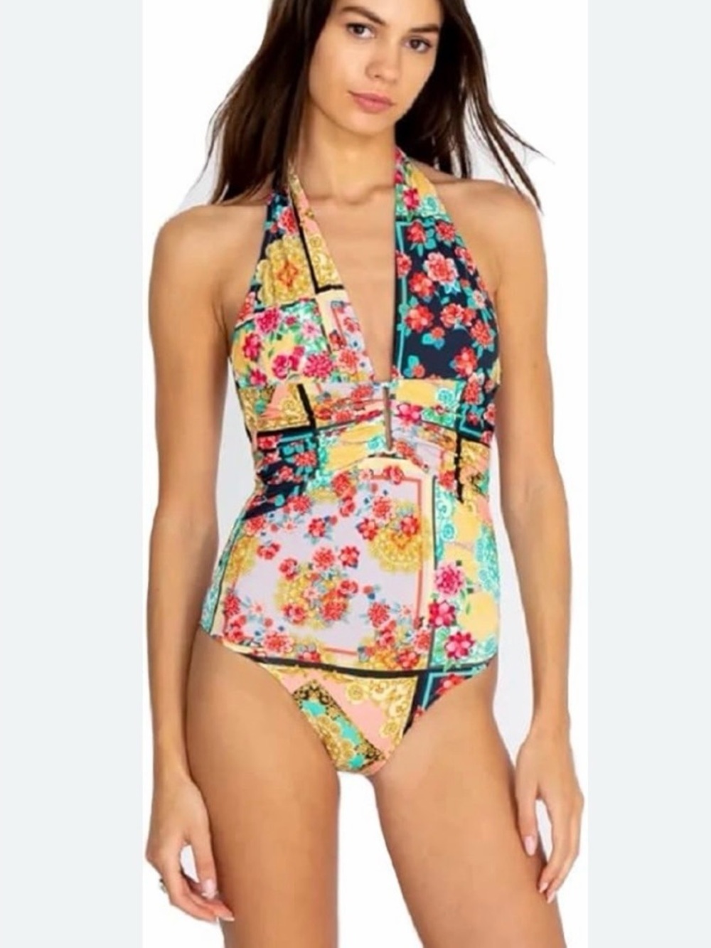 Johnny Was floral one piece swimsuit with Gold Logo sz XS